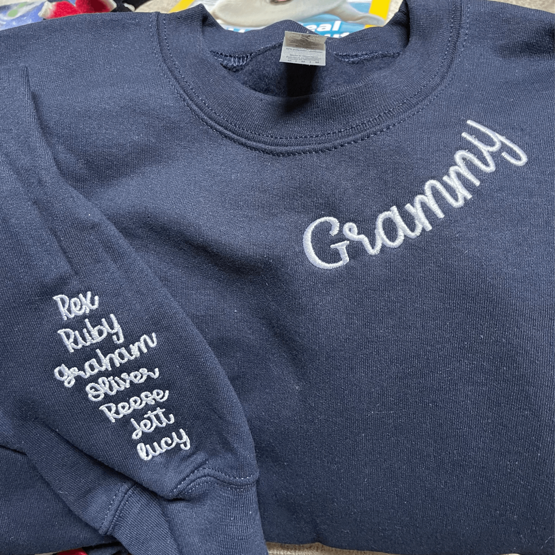 Custom Embroidered Grandmother Sweatshirt with GrandKids Names on Sleeve