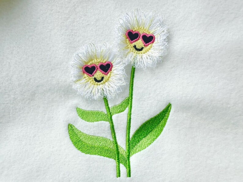 2 Cute Fringed Flower Big Little Sister Fluffy Embroidered Sweatshirt, Fringe Embroidered Sweatshirt, Embroidered Sweatshirt