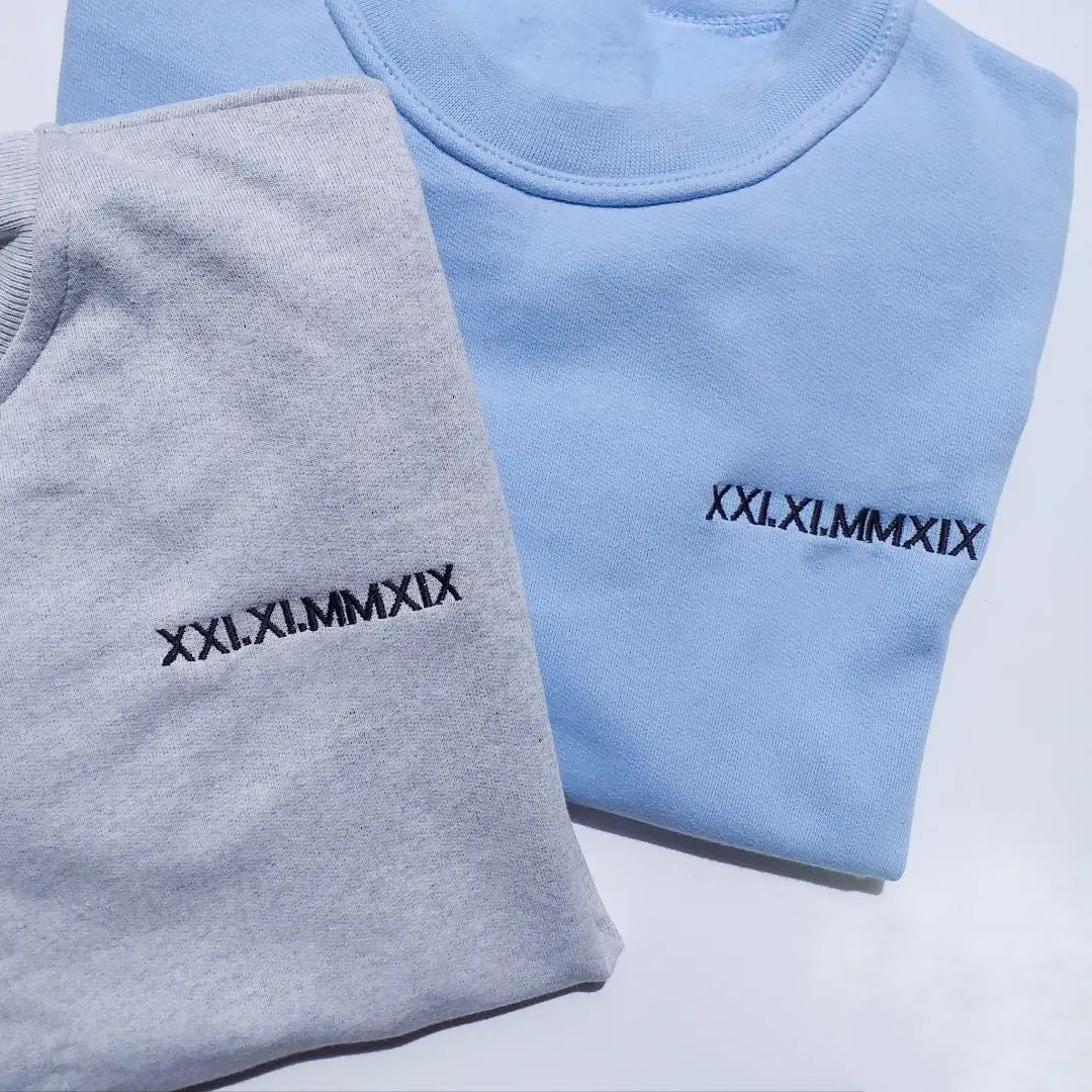 Custom Embroidered Roman Numeral Date Sweatshirt, Hoodie Personalized Date Anniversary Year Wedding Gifts