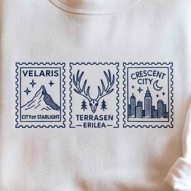 ACORTAR Book Postcard Embroidered Sweatshirt, Velaris Sweatshirt, Terrasen Shirt, Crescent City Shirt, ACOTAR Merch, Court of Thorns Sweater