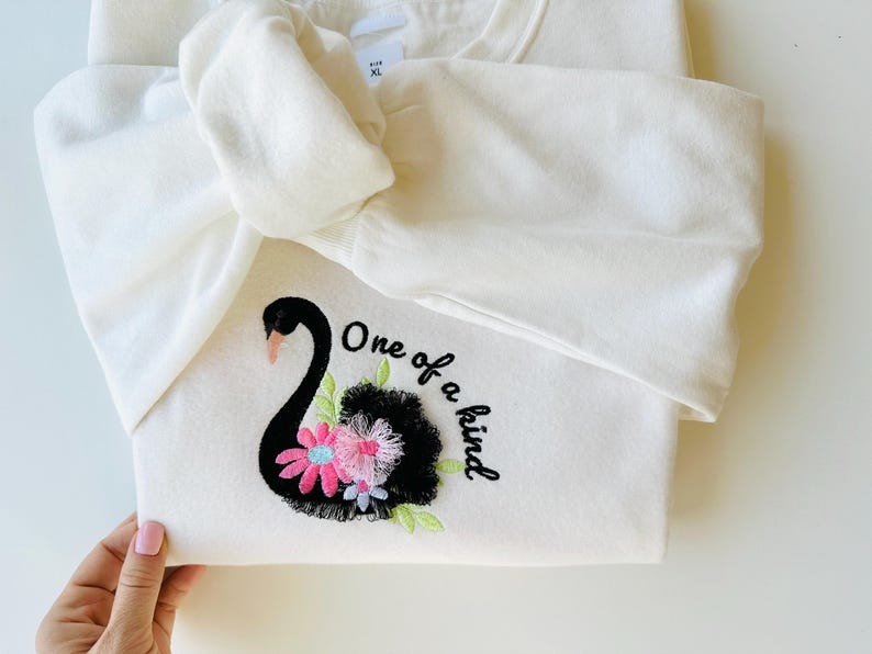Awesome Black Swan Fringed Fluffy Embroidered Sweatshirt, Fringe Embroidered Sweatshirt, Embroidered Sweatshirt
