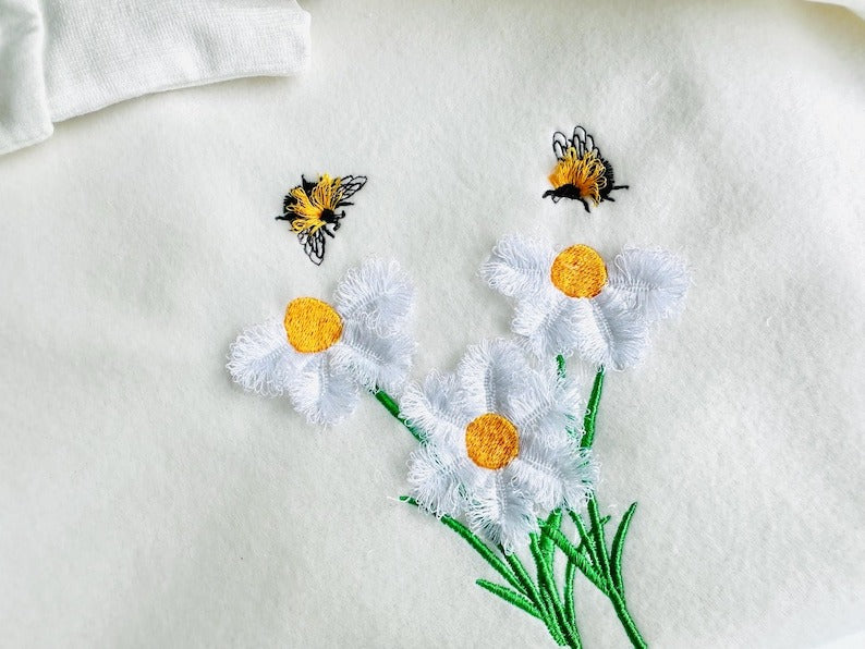 Bee cute honeybee and garden Flower Fluffy Embroidered Sweatshirt, Fringe Embroidered Sweatshirt, Embroidered Sweatshirt