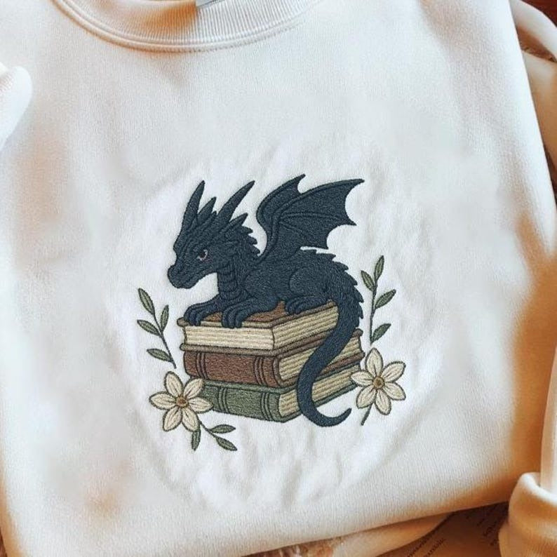 Black Baby Dragon Book Embroidered Sweatshirt, Book Lover Gift, Bookish Shirt, Smut Reader Sweatshirt, Reading Gift, Dragon Book Lover Shirt