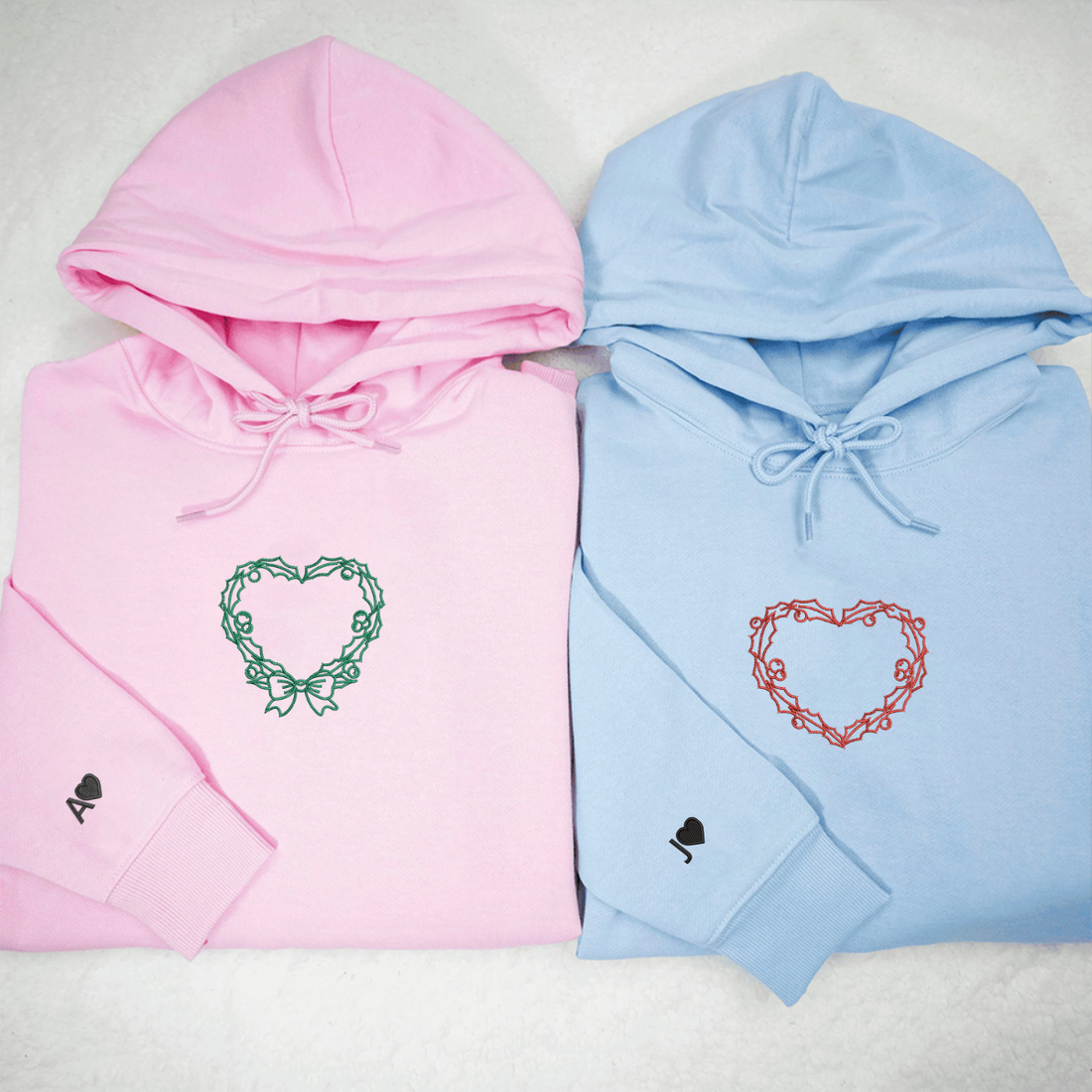 Custom Embroidered Wreath Hearts Matching Hoodies for Couples