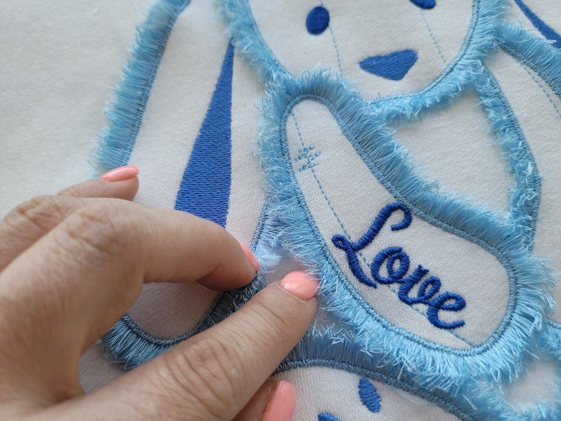 Bunny Floppy Ears Fluffy Embroidered Sweatshirt, Fringe Embroidered Sweatshirt, Embroidered Sweatshirt