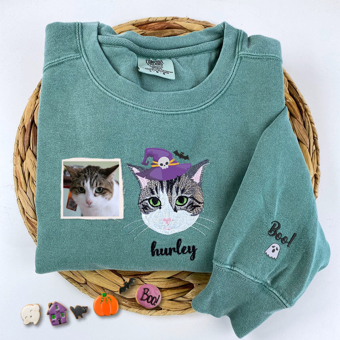 Comfort ColorsÂ® Custom Embroidered Cat Portrait from Photo with Halloween Witch Hat Portrait T-Shirt or Sweatshirt