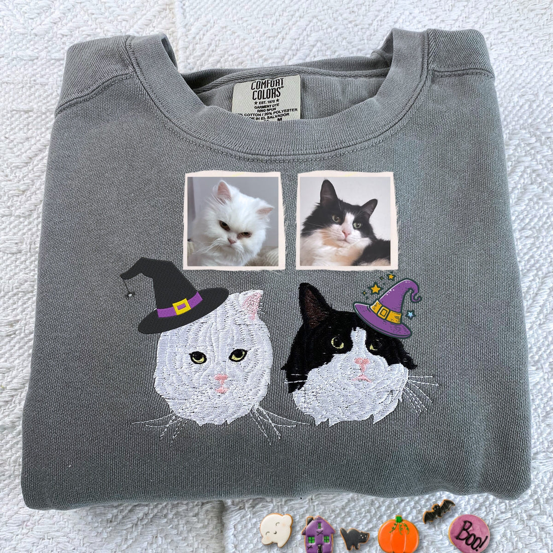 Comfort ColorsÂ® Custom Embroidered Cat Portrait from Photo with Halloween Witch Hat Portrait T-Shirt or Sweatshirt