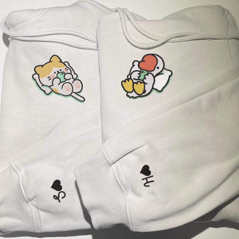 Cat x Cute Goose Custom Embroidered Matching Hoodies For Couples