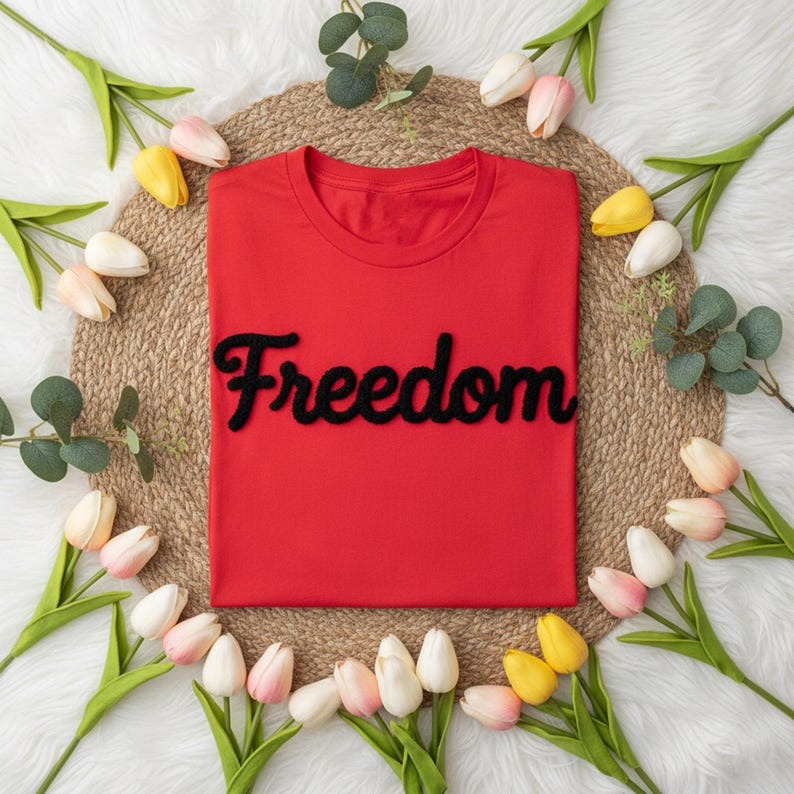 Charlie Kirk Freedom Yarn Embroidered Shirt, Fuzzy Letter Spirit, Chenille Patch Embroidered, Free Speech Activist Gift, Custom Yarn Shirt