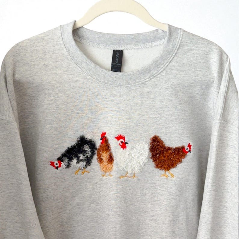 Chicken Flock Embroidered Sweatshirt, Fluffy Chicken Sweatshirt, Fluffy Chicken Crewneck For Chicken Mom