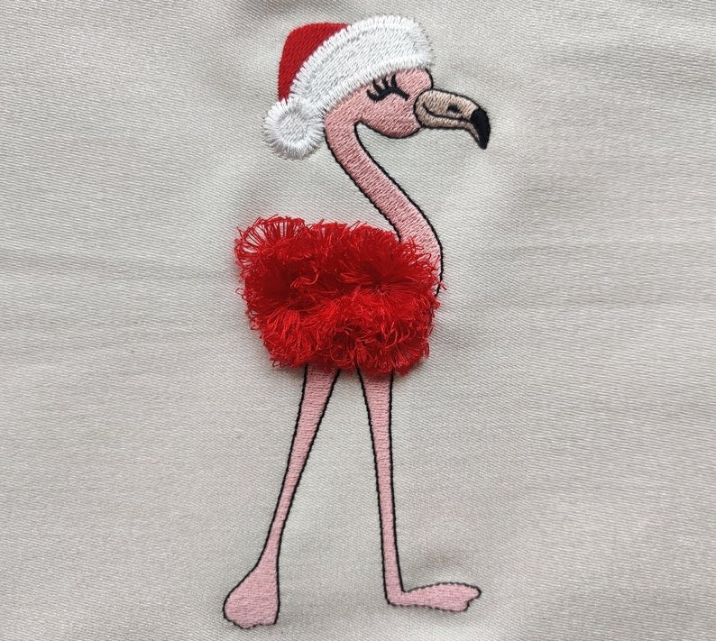 Christmas Flamingo Fluffy bird Santa hat Fluffy Embroidered Sweatshirt, Fringe Embroidered Sweatshirt, Embroidered Sweatshirt
