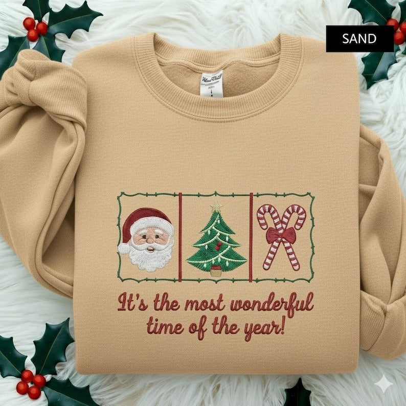 Christmas Retro It's the Most Wonderful Time of the Year Embroidered Sweatshirt, Coquette Frame Red Bow candy cane Gingerbread Xmas Sweater