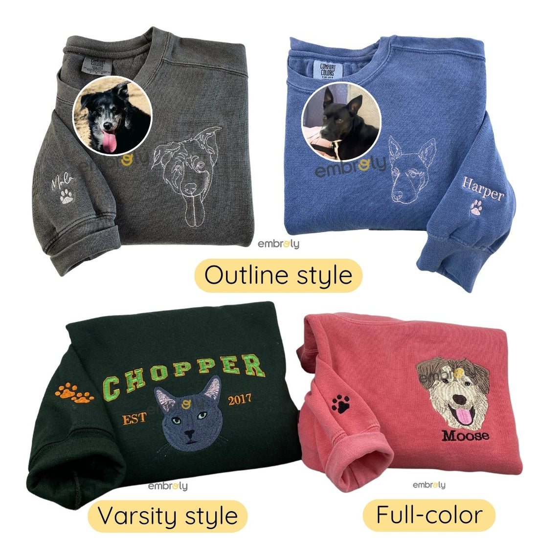 Comfort ColorÂ® Custom Pet Embroidered Sweatshirt from Photo, Personalized Pet Face and Pet Name Sweatshirt or Shirt