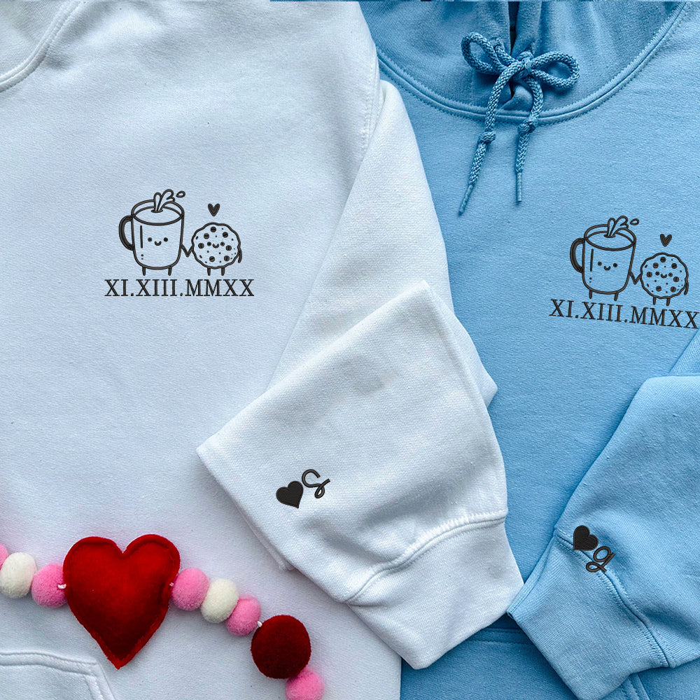 Cookie and Milk Cute Custom Roman Numeral Matching Embroidered Hoodies For Couples