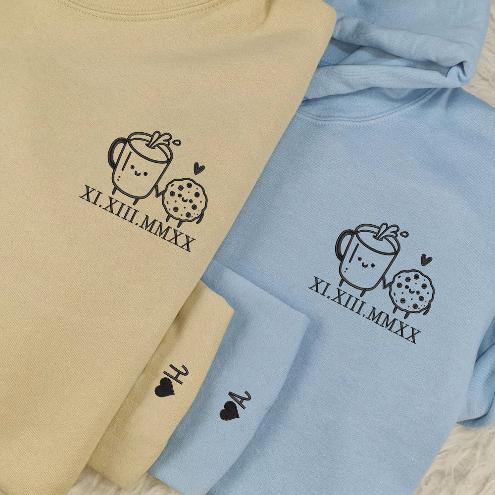 Cookie and Milk Cute Custom Roman Numeral Matching Embroidered Hoodies For Couples