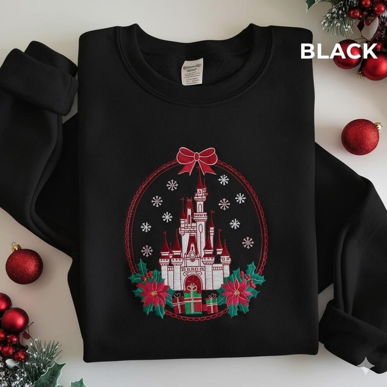 Coquette Bow Disney Castle Christmas Embroidered Sweatshirt, Magic Kingdom, Mickey's Very Merry Christmas Party Shirt, Christmas Sweatshirt