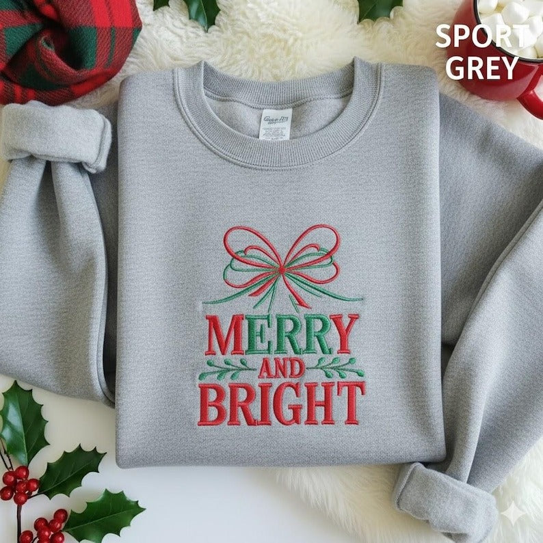 Coquette Bow Merry and Bright Embroidered Sweatshirt, Merry Christmas Shirt, Christmas Coquette Shirt, Christmas Tree, Christmas Sweatshirt