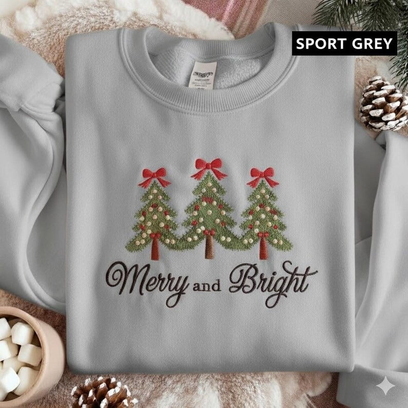 Coquette Bow Merry and Bright Embroidered Sweatshirts, Holiday Sweater, Christmas Tree Sweater, Pine-tree Sweatshirt, Christmas Gift Shirt