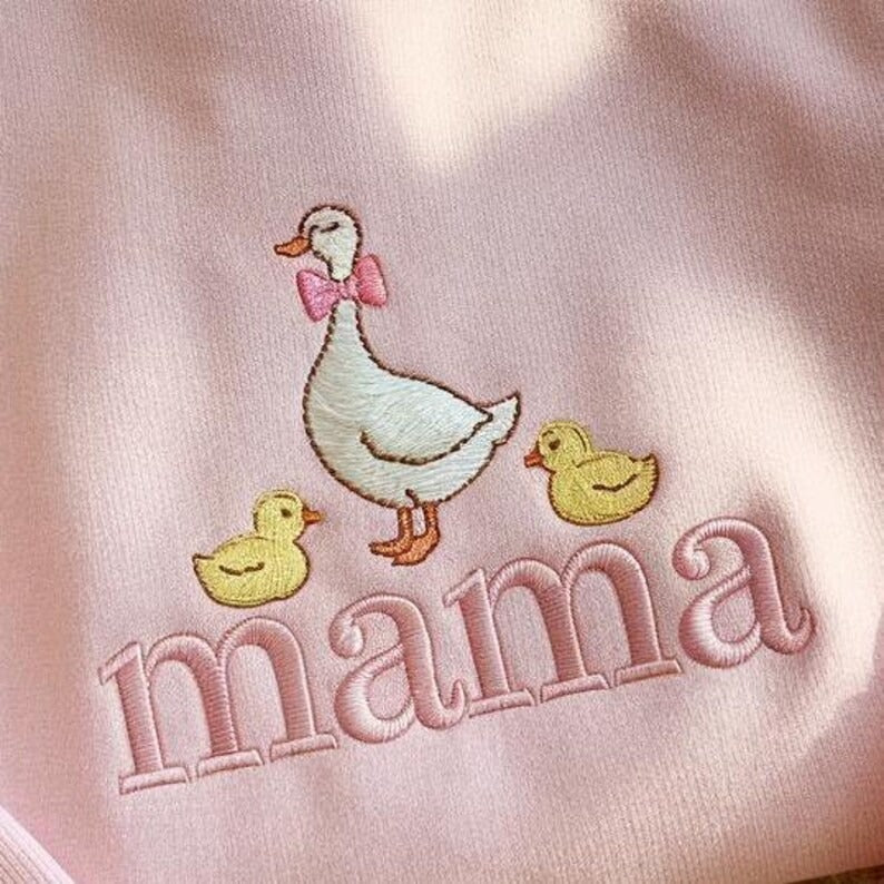 Coquette Mama Goose Embroidered Sweatshirt, Coquette Goose Mom Shirt, Geese Family Shirt, Duck Family Crewneck, Goose Mama Bow Ribbon Shirt