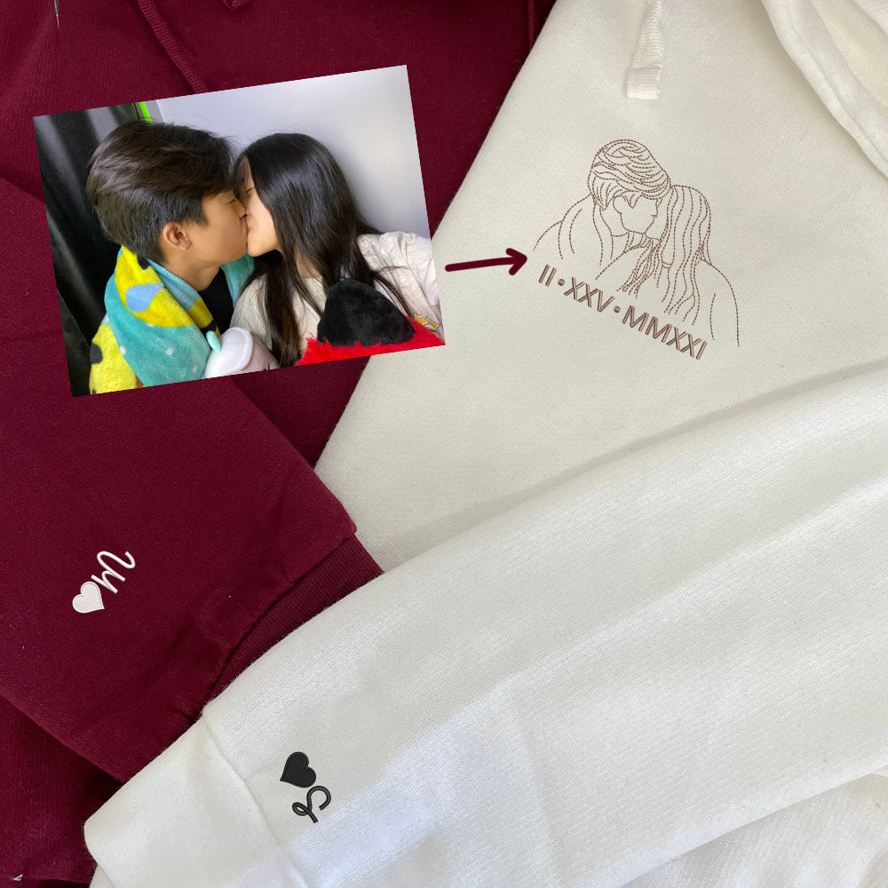 Custom Embroidered Couple Art Drawing Gift, Portrait From Photo, Embroidered Sweatshirt, Valentine Personalized, First Anniversary Gift