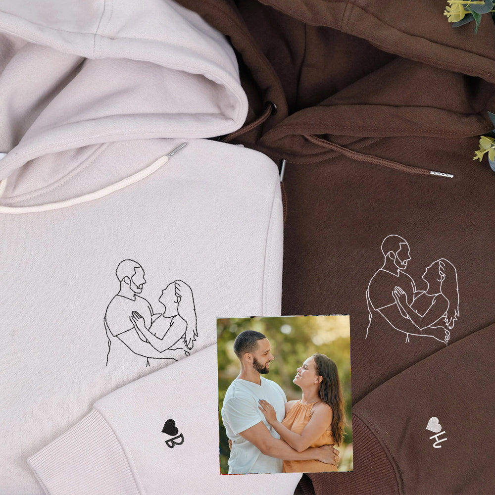 Custom Embroidered Photo Hoodie, Personalized Couple Portrait Sweatshirt, Unique Couple Hoodie Gift