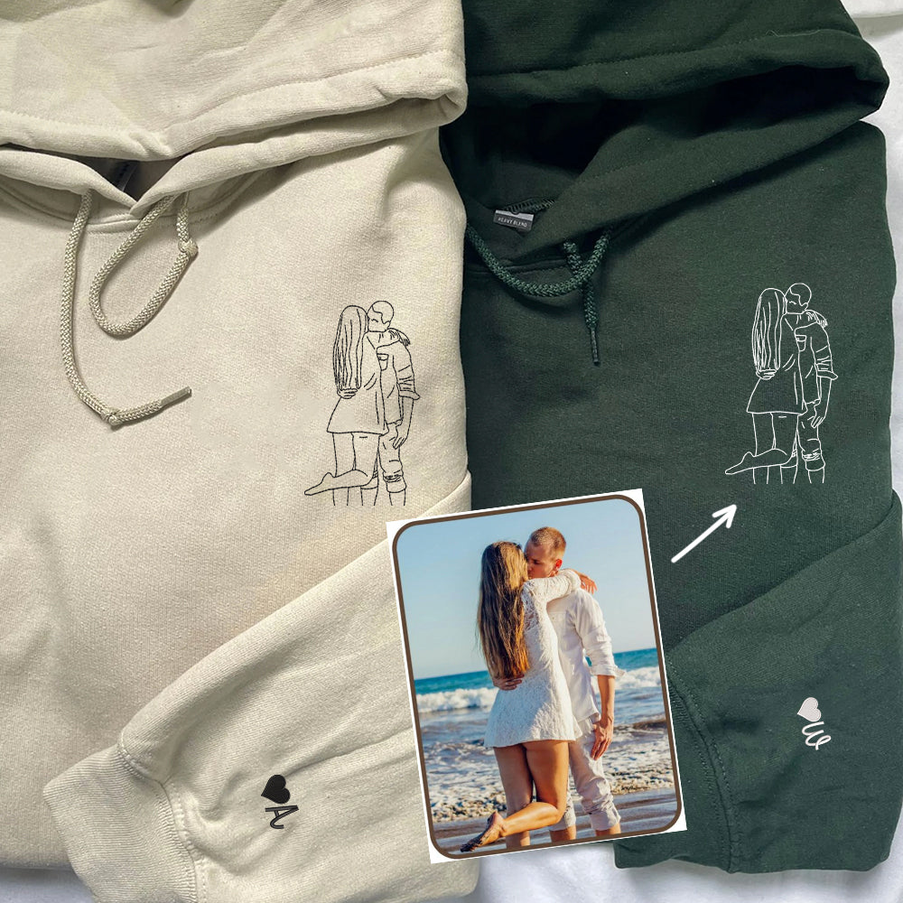 Personalized Picture Outline Embroidered Hoodie Sweatshirt, Portrait Photo Couple Outline Sweatshirt, Custom Line Art Photo Hoodie