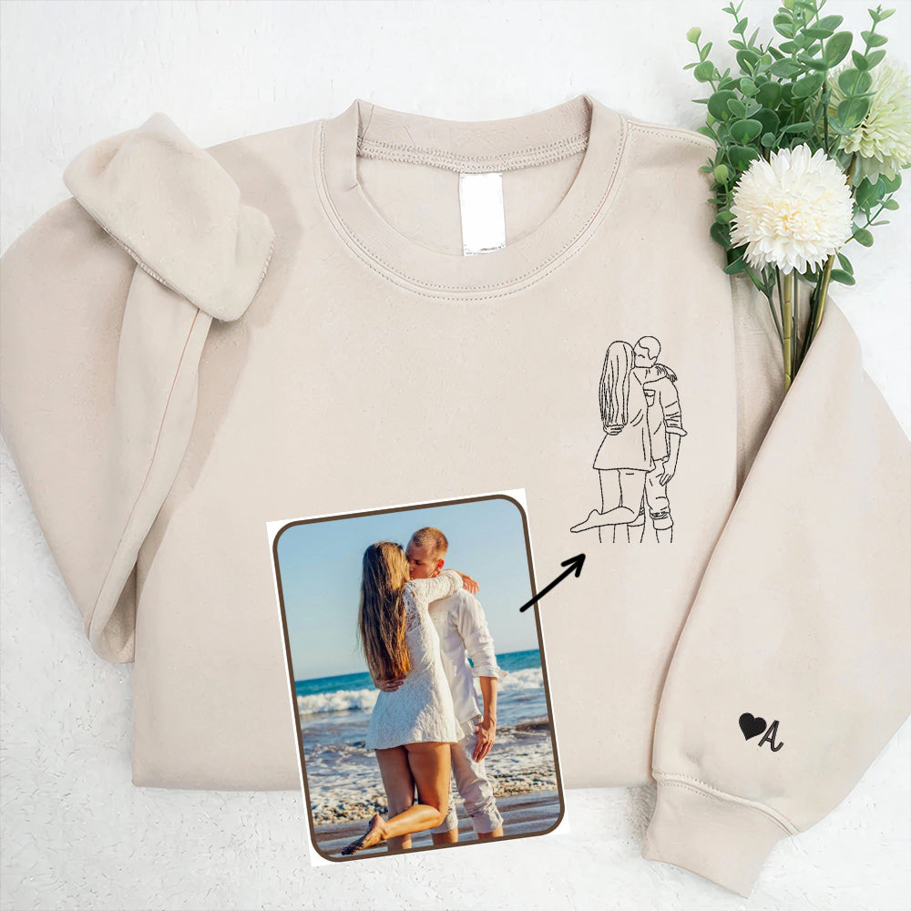 Personalized Picture Outline Embroidered Hoodie Sweatshirt, Portrait Photo Couple Outline Sweatshirt, Custom Line Art Photo Hoodie