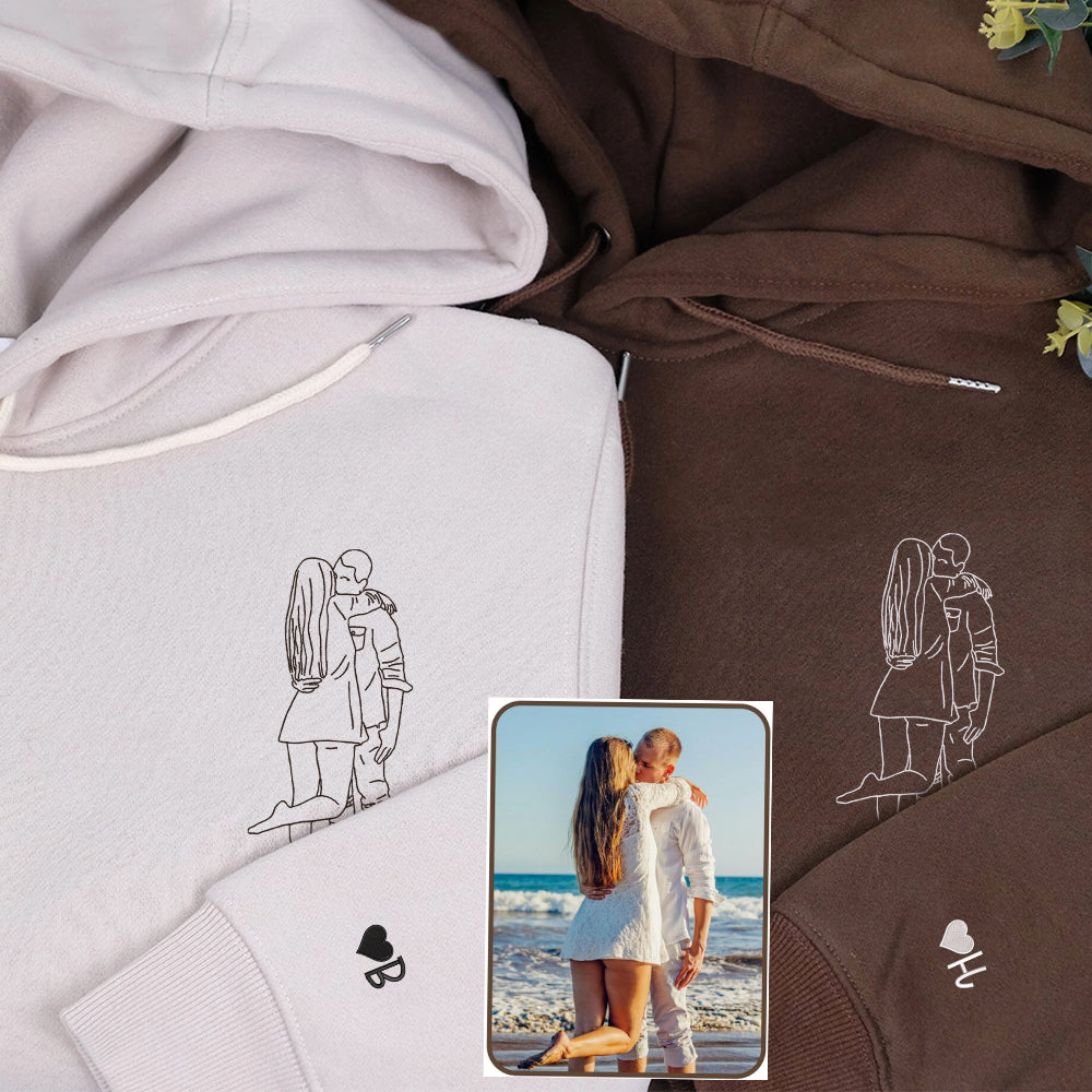 Personalized Picture Outline Embroidered Hoodie Sweatshirt, Portrait Photo Couple Outline Sweatshirt, Custom Line Art Photo Hoodie