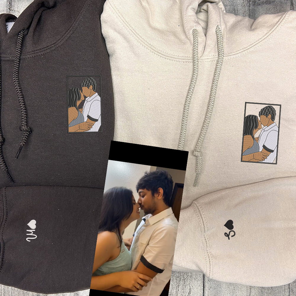 Custom Embroidered Couple Portrait Full-color Sweatshirt Hoodie, Personalized Couple Photo Sweatshirts Hoodies