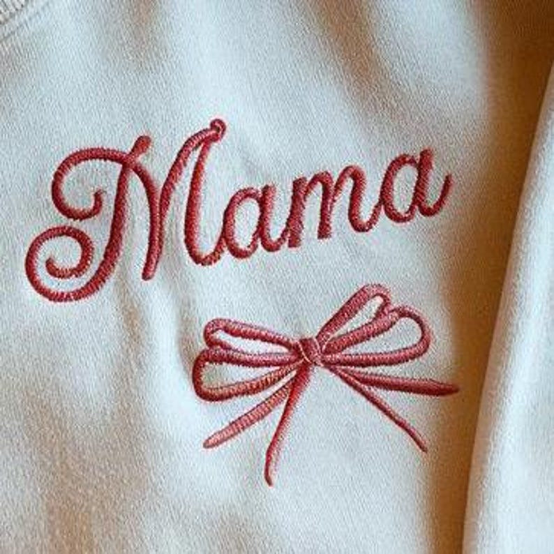 Custom Coquette Mama Embroidered Sweatshirt With Kids Names On Sleeve, Personalized Mom Embroidered Shirt, Mama with Bow Ribbon Sweatshirt