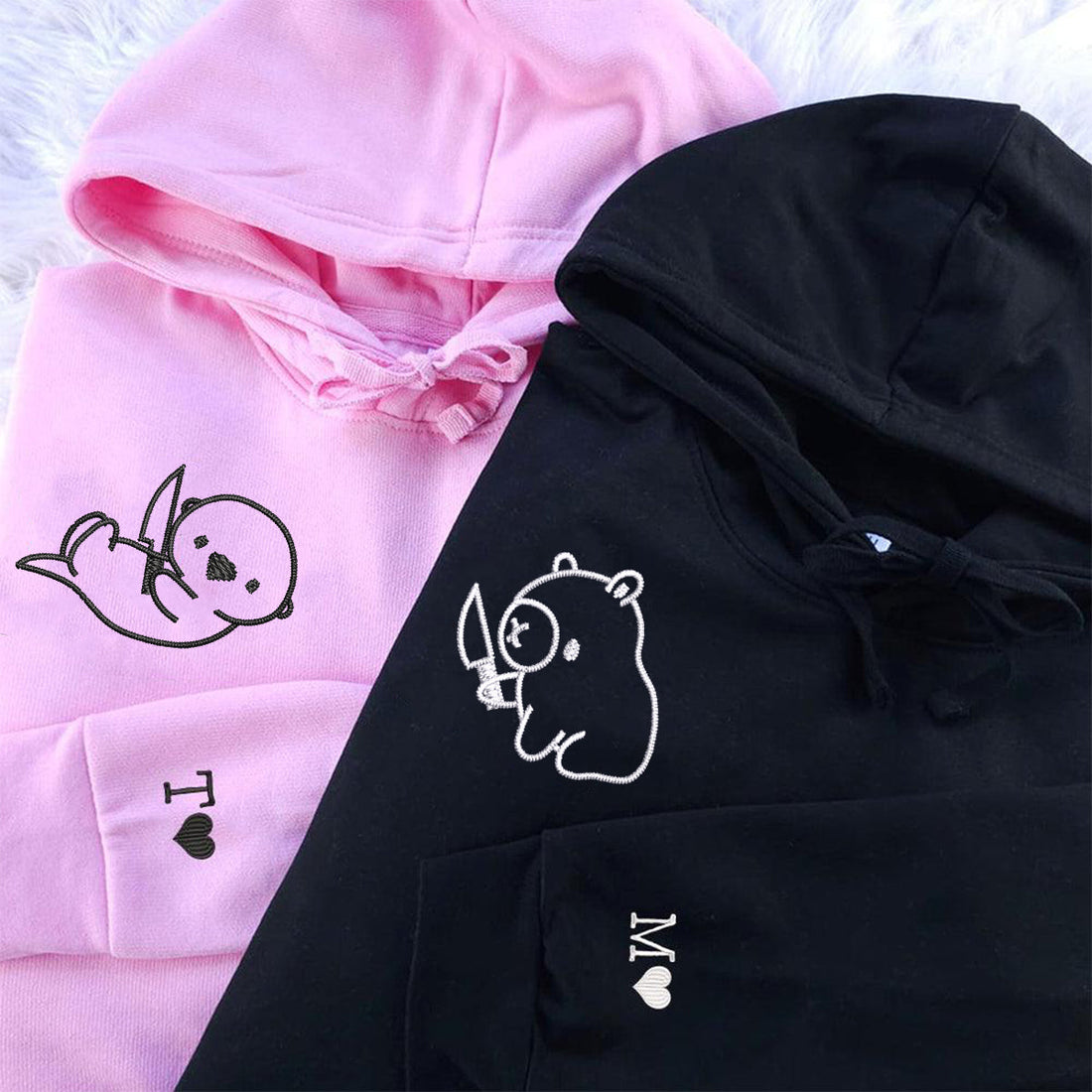 Custom Embroidered Capybara and Otter Matching Hoodies for Couples