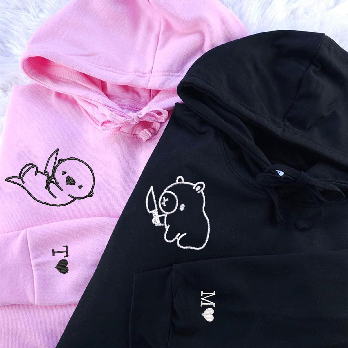 Custom Embroidered Capybara and Otter Matching Hoodies for Couples