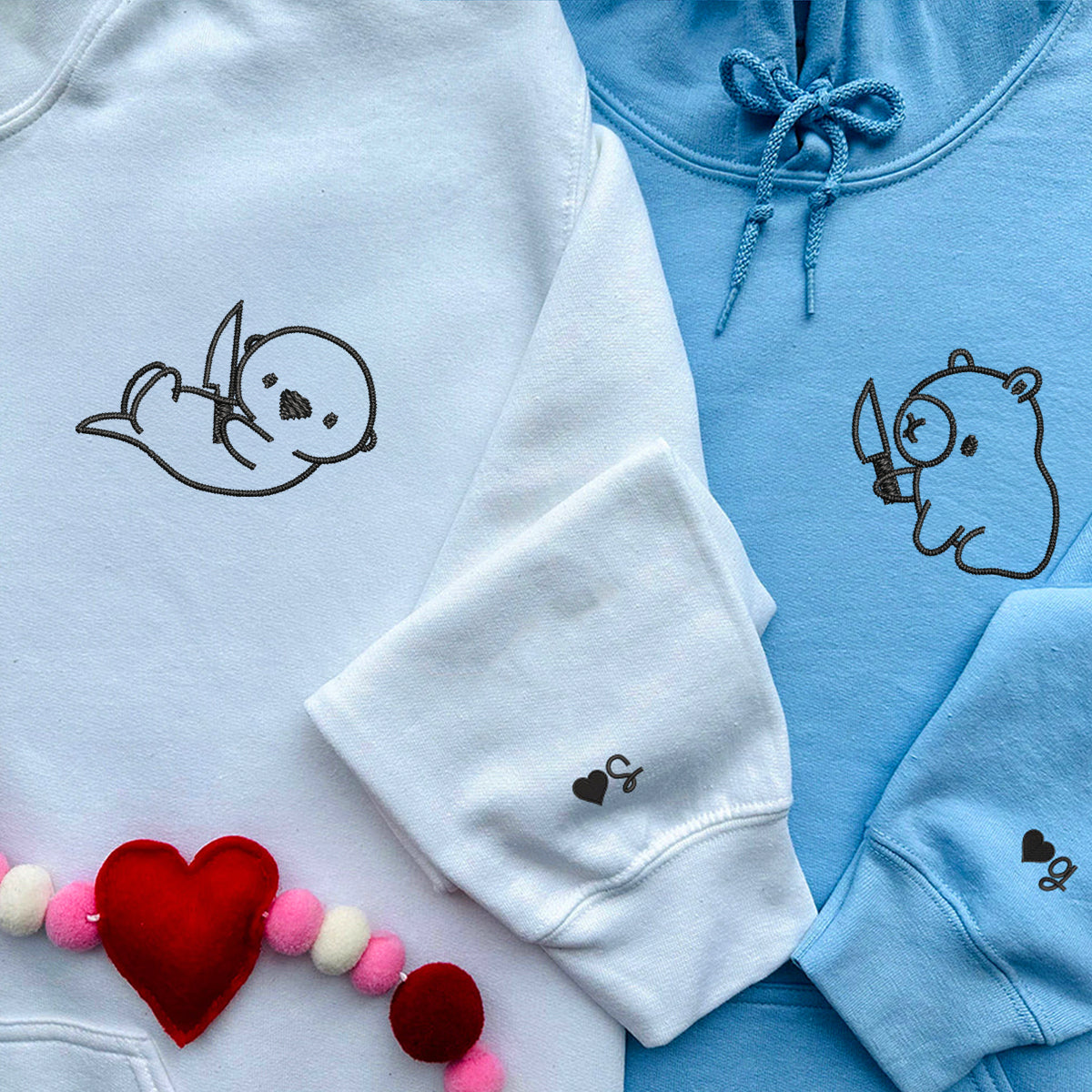 Custom Embroidered Capybara and Otter Matching Hoodies for Couples