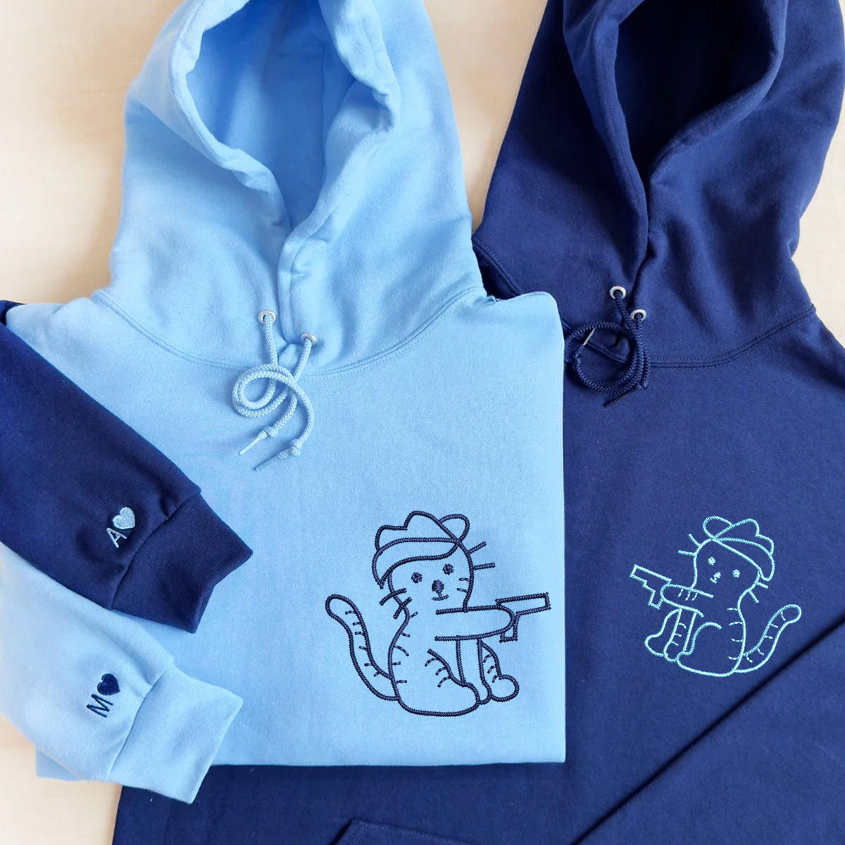 Custom Embroidered Cowboy Cat Guns Matching Hoodies for Couples