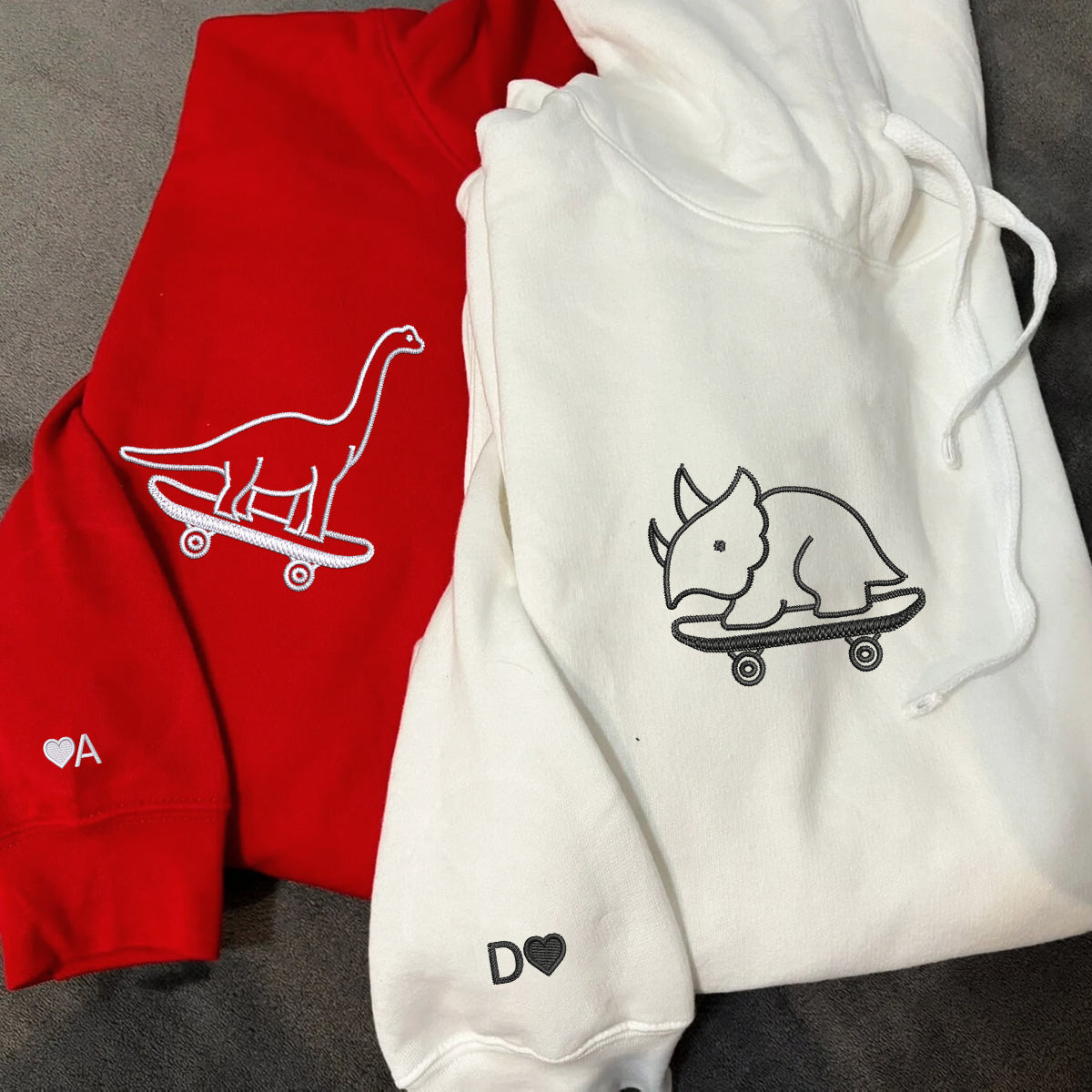 Custom Embroidered Cute Dinosaurs Skaters Matching Hoodies for Couples