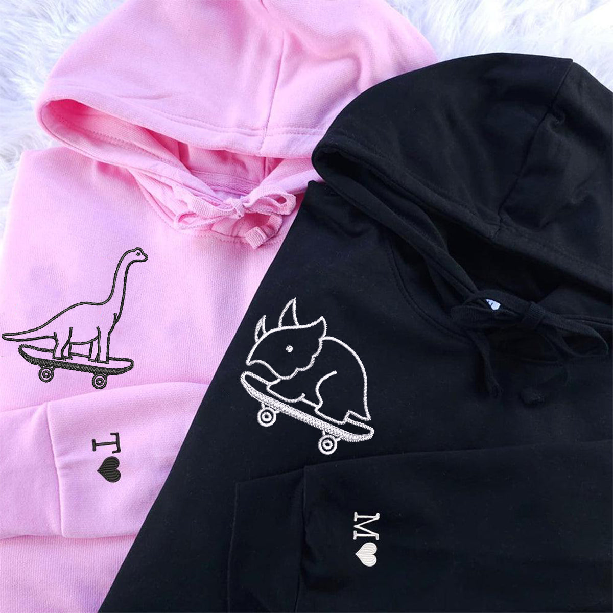 Custom Embroidered Cute Dinosaurs Skaters Matching Hoodies for Couples