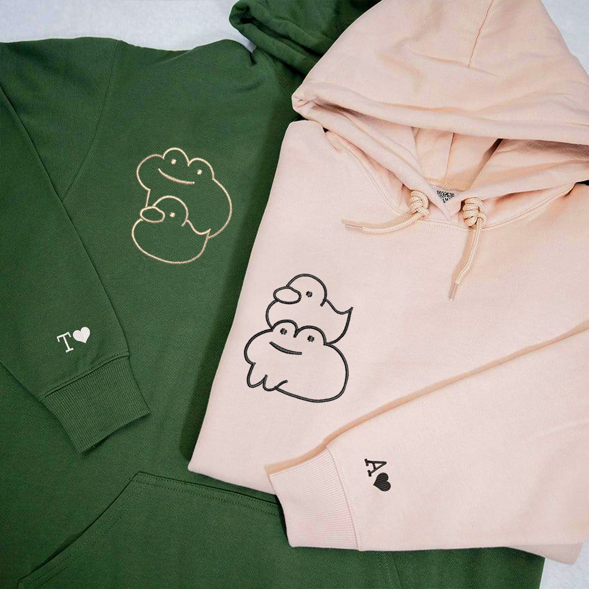 Custom Embroidered Froggy and Ducky Matching Hoodies for Couples