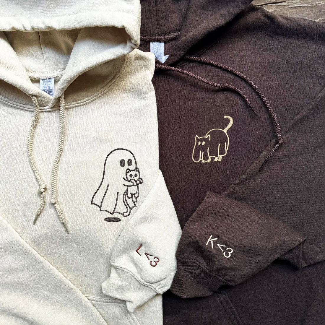Custom Embroidered Ghost Cat Matching Hoodies for Couples