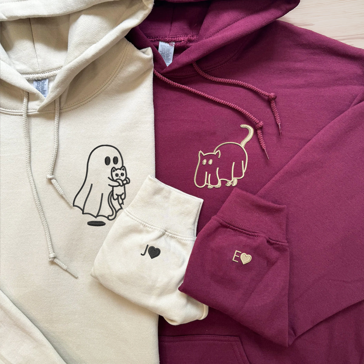 Custom Embroidered Ghost Cat Matching Hoodies for Couples