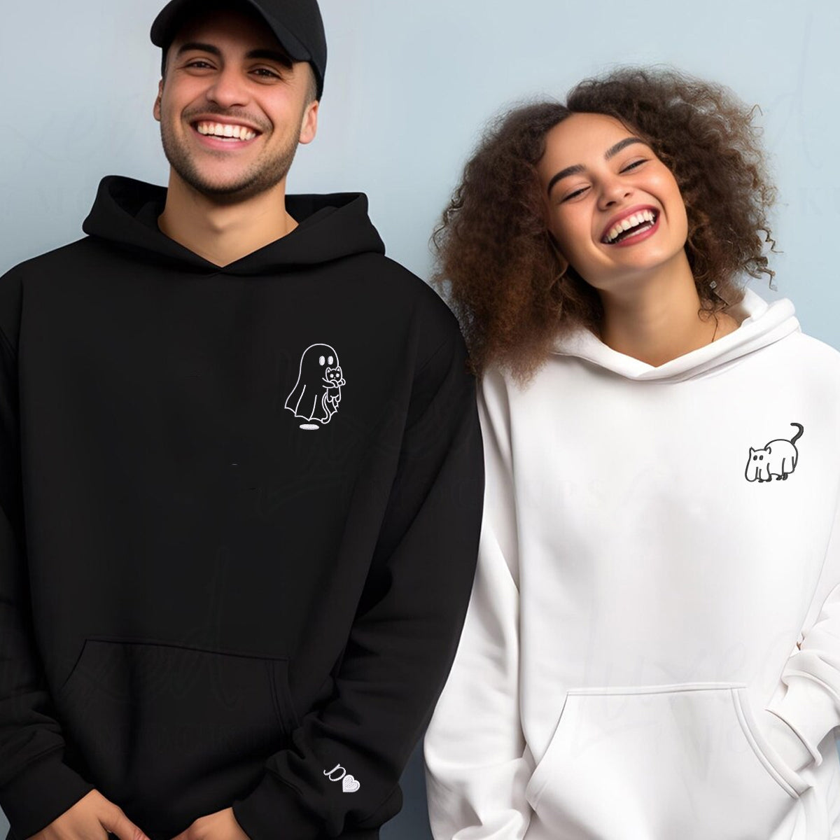 Custom Embroidered Ghost Cat Matching Hoodies for Couples