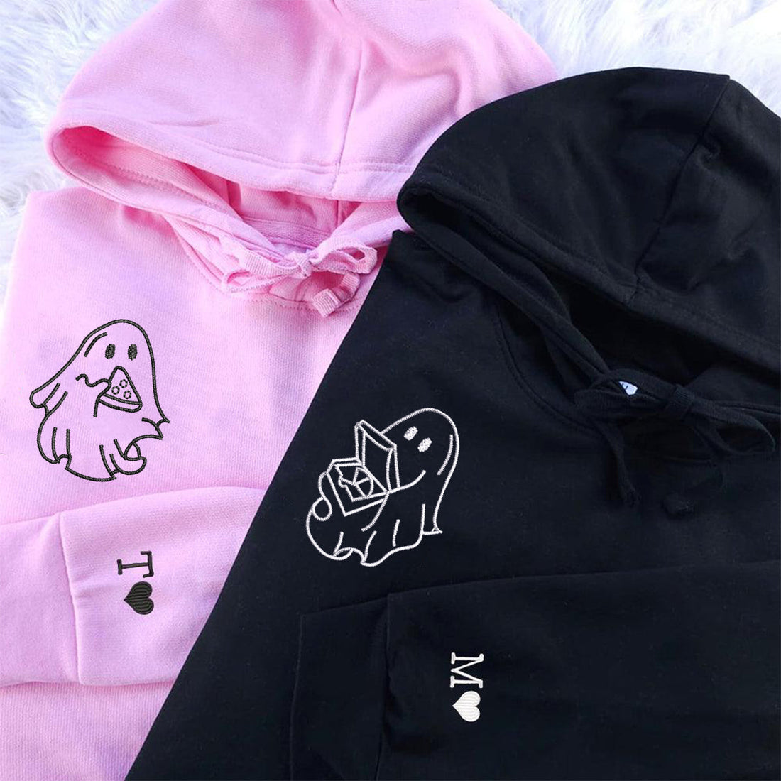 Custom Embroidered Pizza Loving Ghost Matching Hoodies for Couples