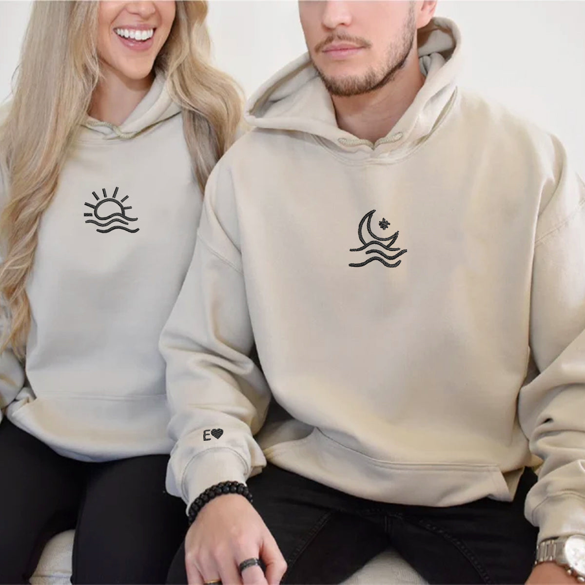 Custom Embroidered Sun and Moon Wave Matching Hoodies for Couples