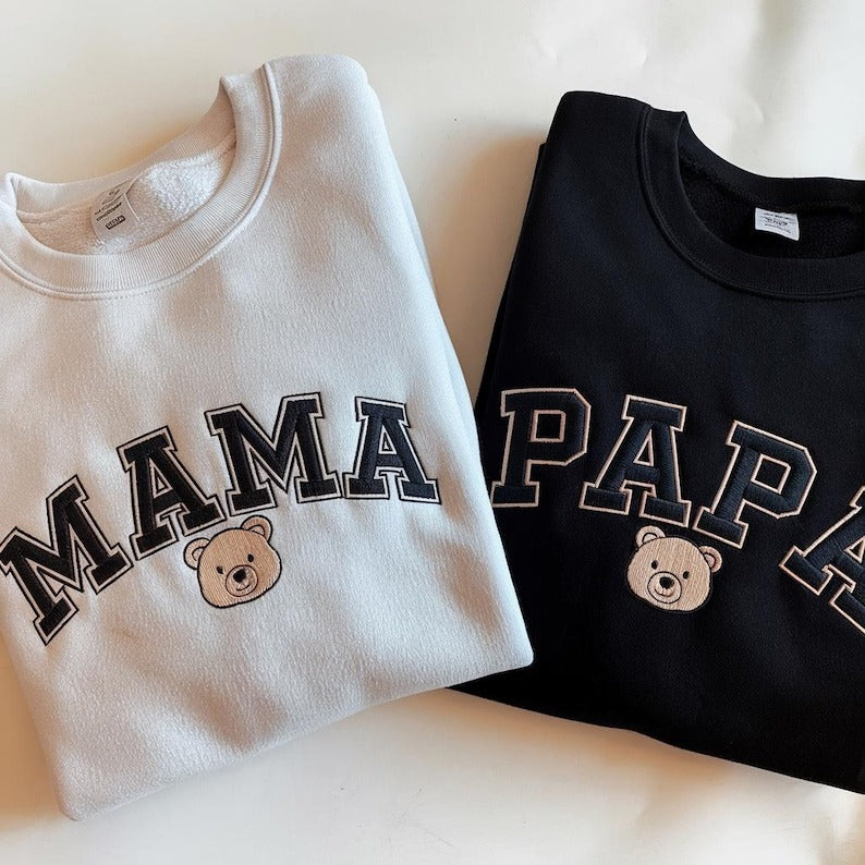 Custom Mama Papa Bear Embroidered Sweatshirt, New Mama Dada Outfit, Pregnancy Announcement Clothing, Mama Dada Sweatshirt,Mom Dad Bear Shirt
