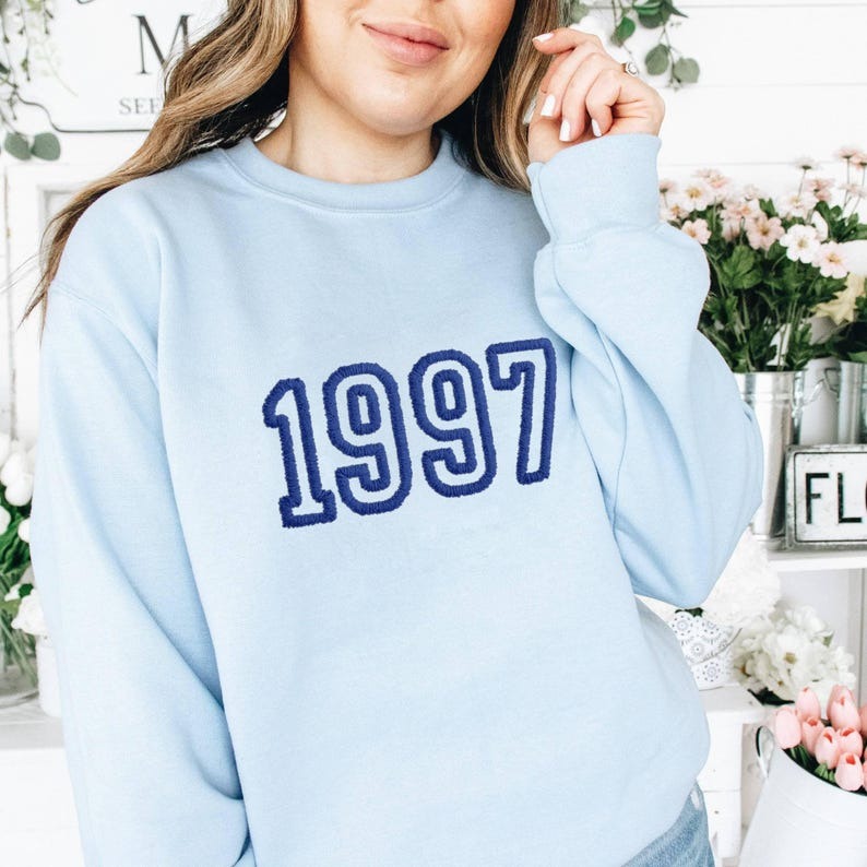 Custom Number Chenille YARN EMBROIDERED Sweatshirt, 1997 Birthday Shirt Gift for Women, Vintage Number Shirt, Chenille Number Kids Shirt
