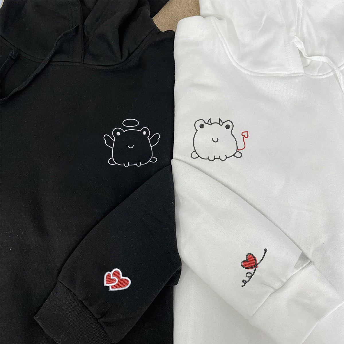 Custom Embroidered Angel & Devil Frog Matching Hoodies for Couples