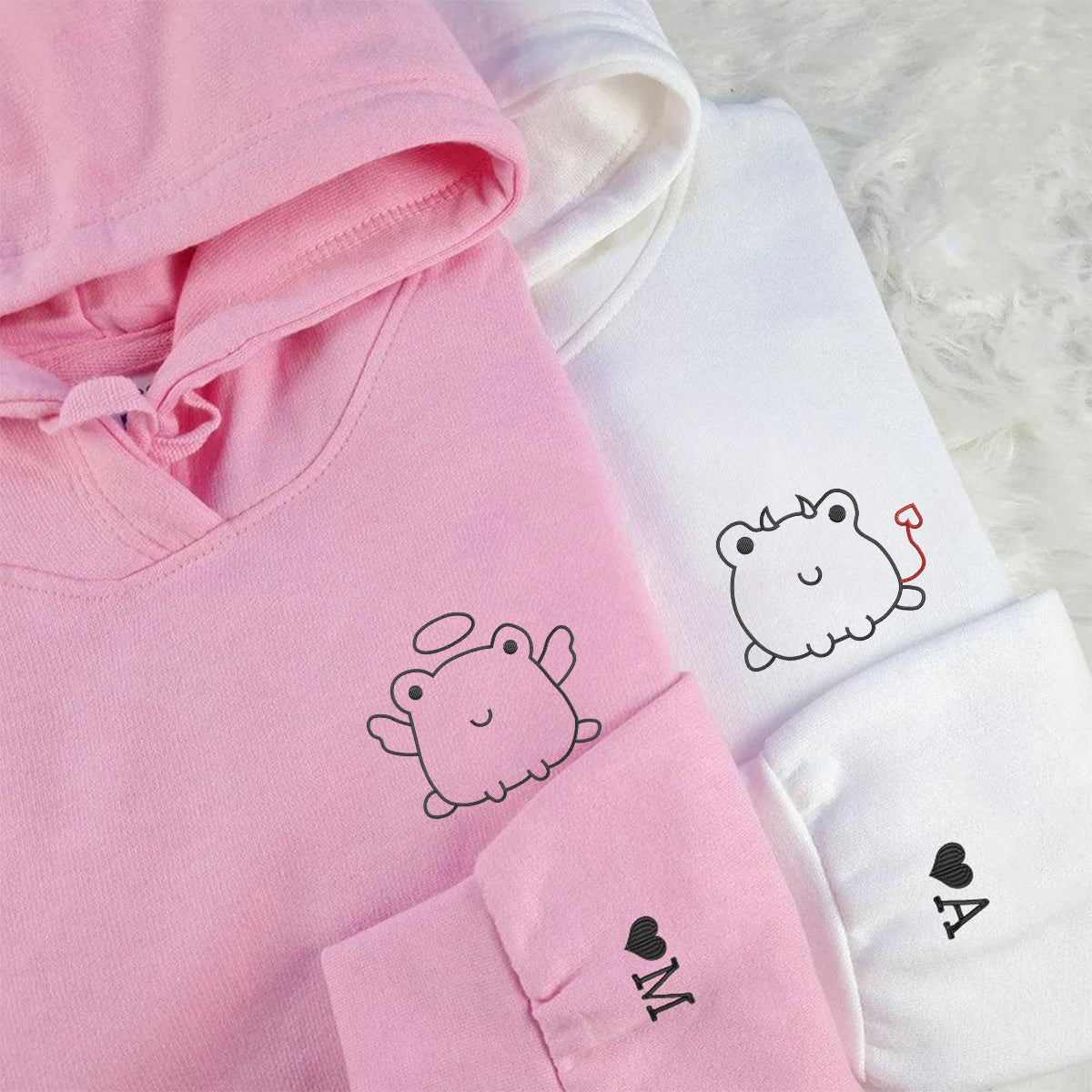 Custom Embroidered Angel & Devil Frog Matching Hoodies for Couples
