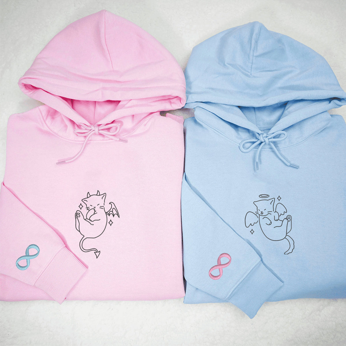 Custom Embroidered Angel and Demon Cat Matching Hoodies for Couples