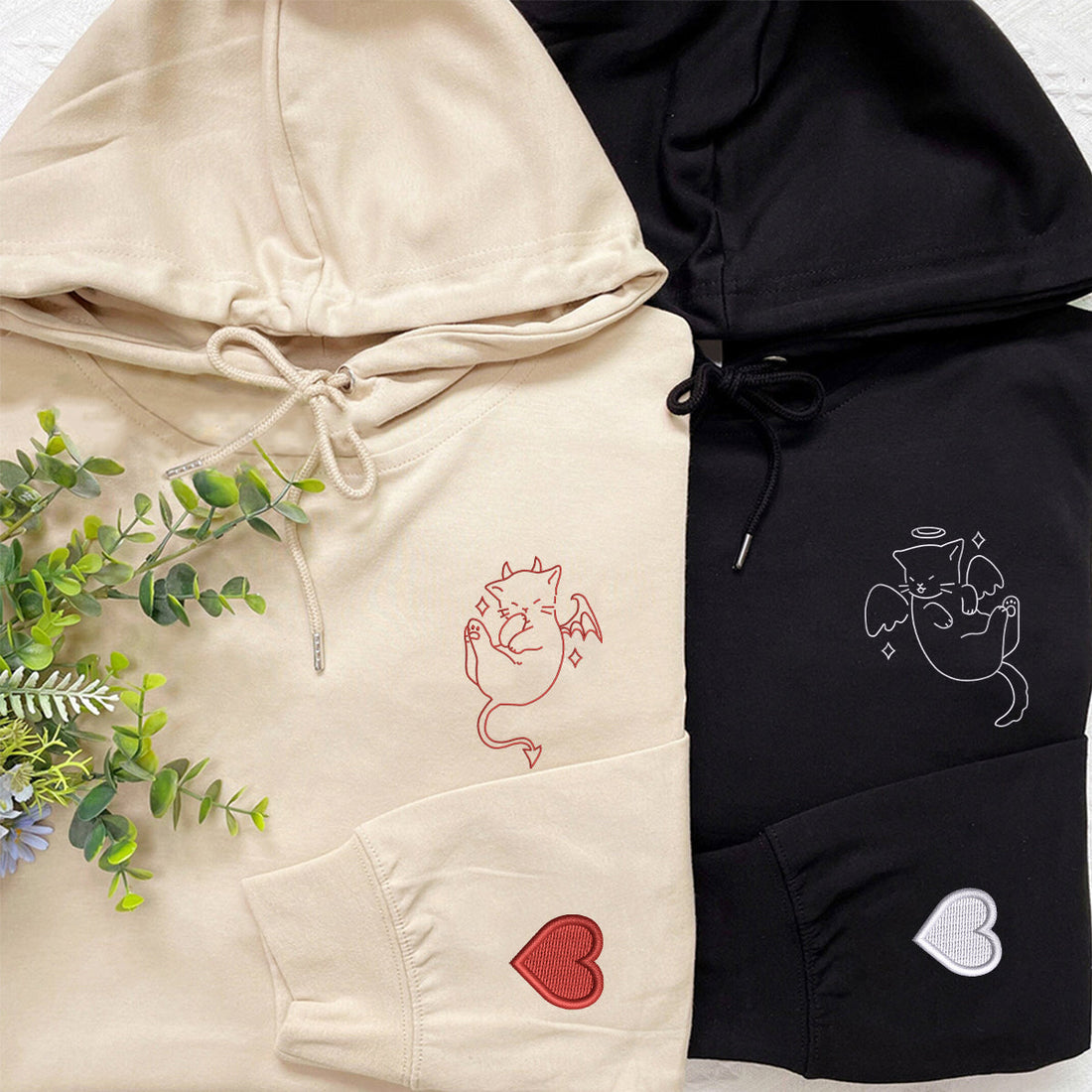Custom Embroidered Angel and Demon Cat Matching Hoodies for Couples