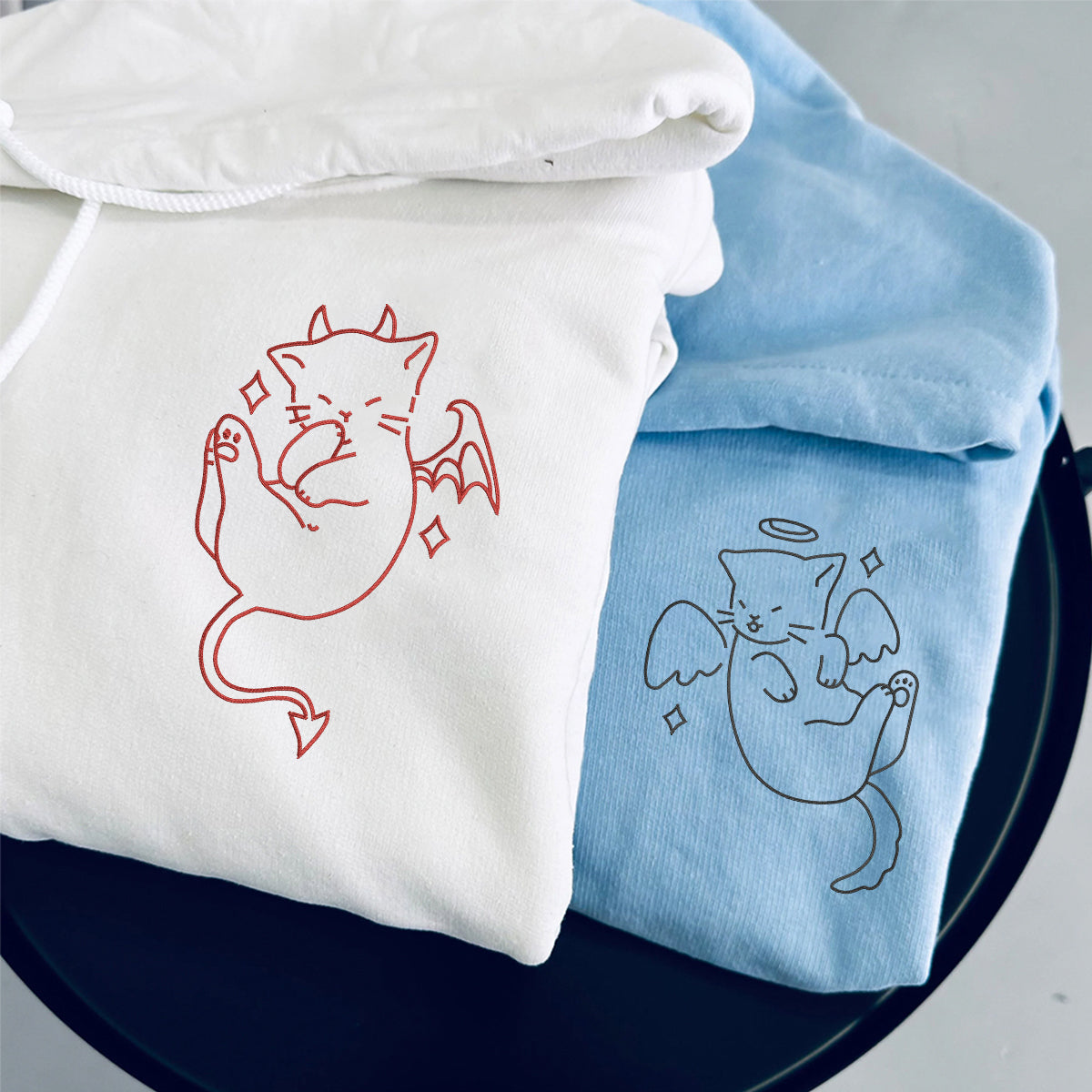 Custom Embroidered Angel and Demon Cat Matching Hoodies for Couples