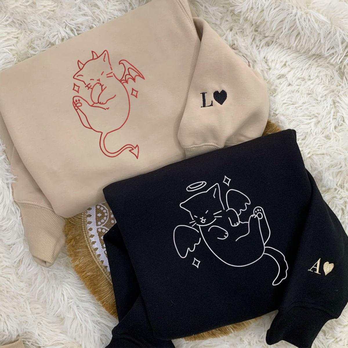 Custom Embroidered Angel and Demon Cat Matching Hoodies for Couples